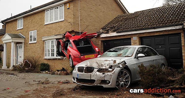Audi TT flies and crashes into house