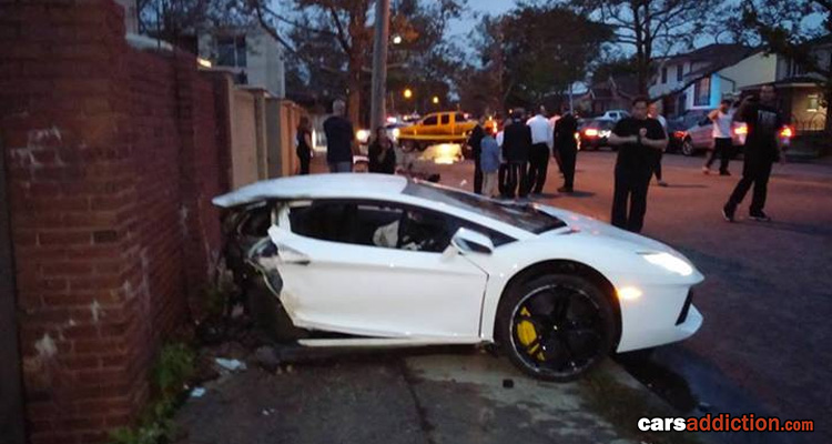 White Lamborghini Aventador wrecked in half